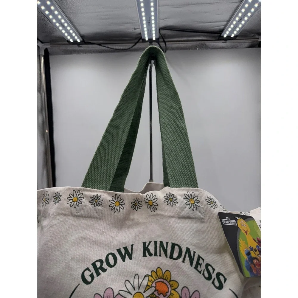 Sesame Street Big Bird Grow Kindness Canvas Tote Bag Floral Cream Green NWT